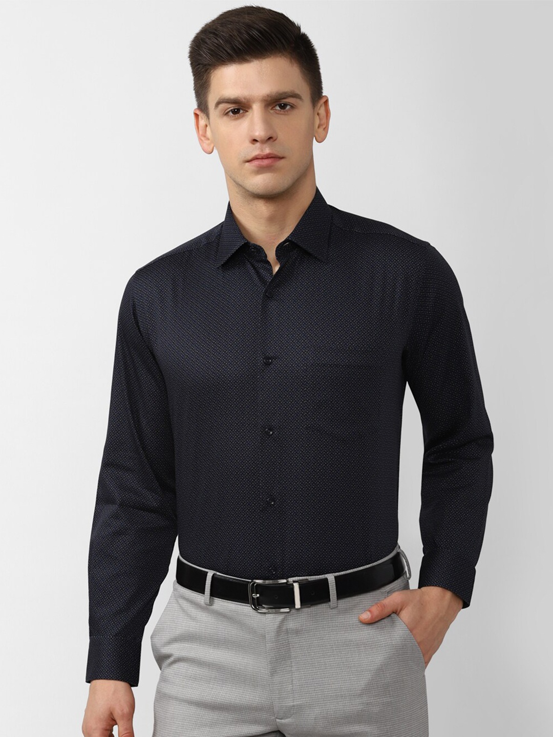 

Van Heusen Men Navy Blue Self Design Regular Fit Cotton Formal Shirt