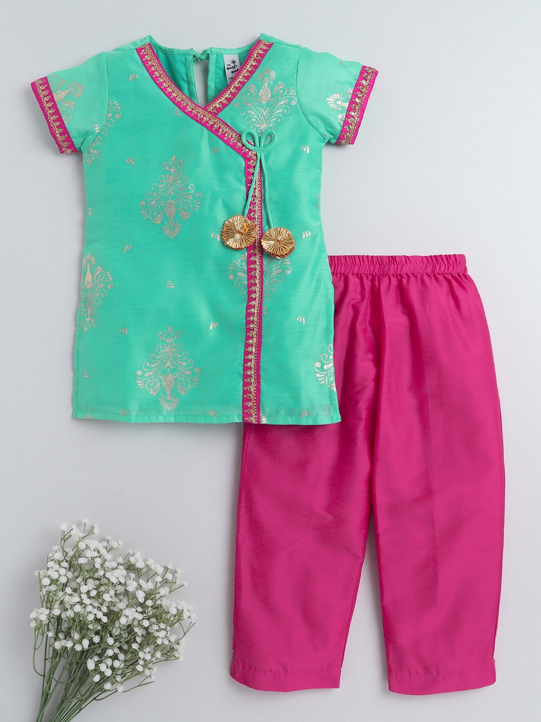

The Magic Wand Girls Ethnic Motifs Printed Chanderi Silk Kurti with Trousers, Blue