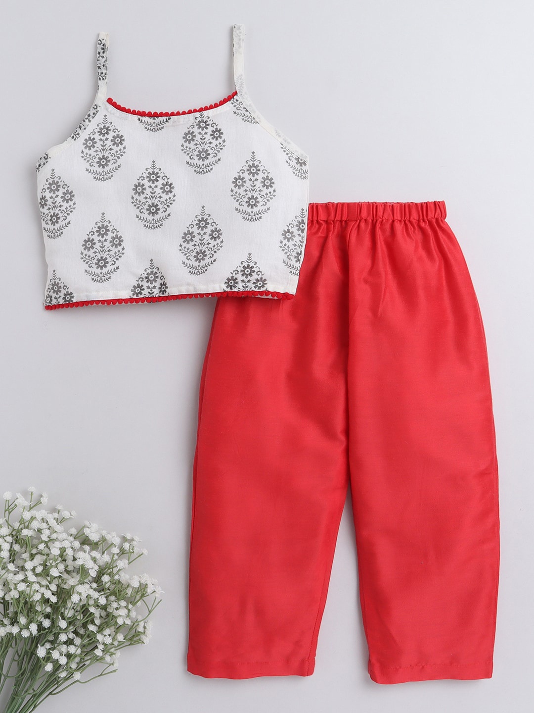 

The Magic Wand Girls Floral Chanderi Silk Kurti with Trousers, White