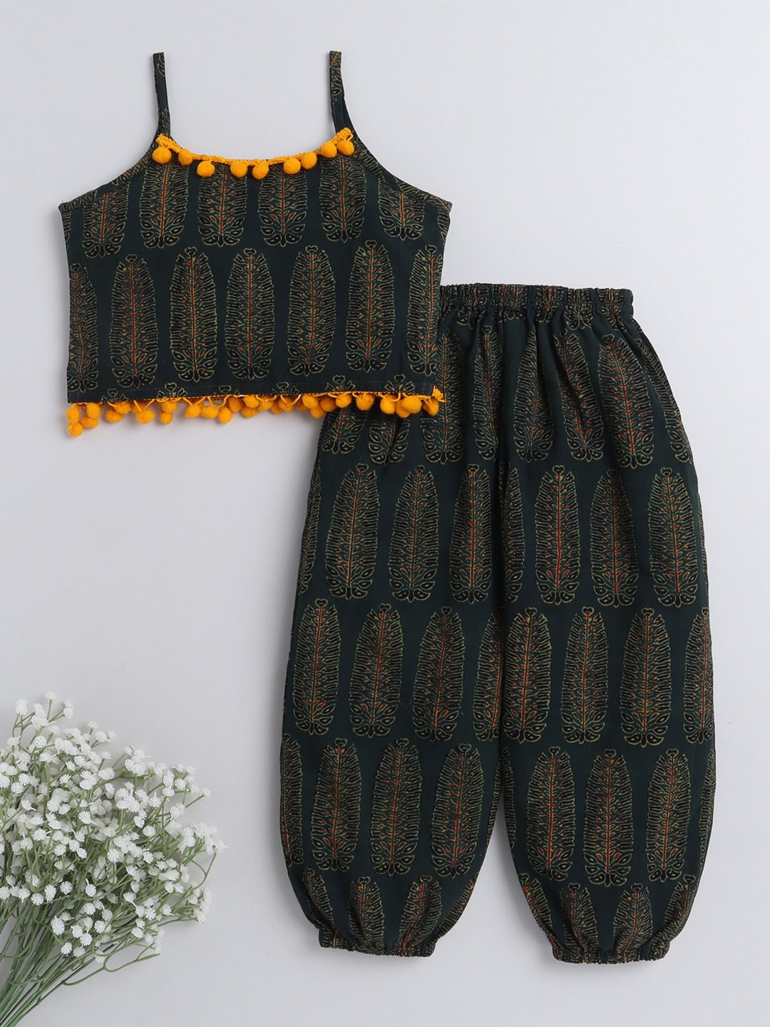 

The Magic Wand Girls Printed Cotton Top with Dhoti Pants, Olive
