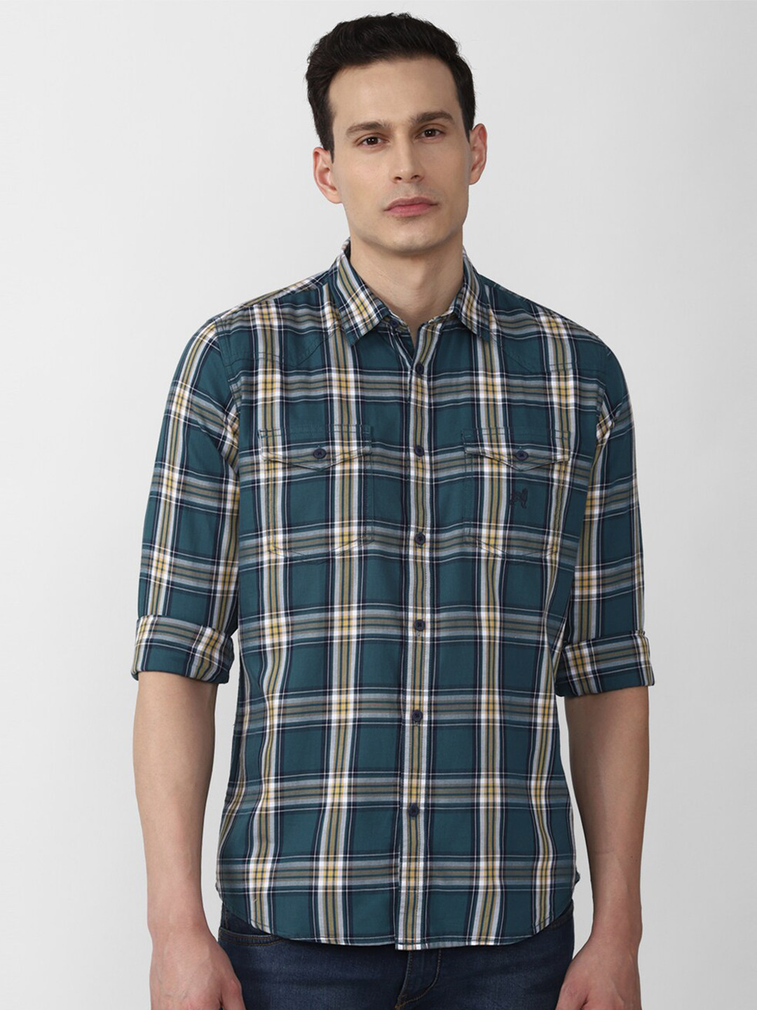 

Van Heusen ACADEMY Men Blue Slim Fit Tartan Checked Casual Cotton Shirt