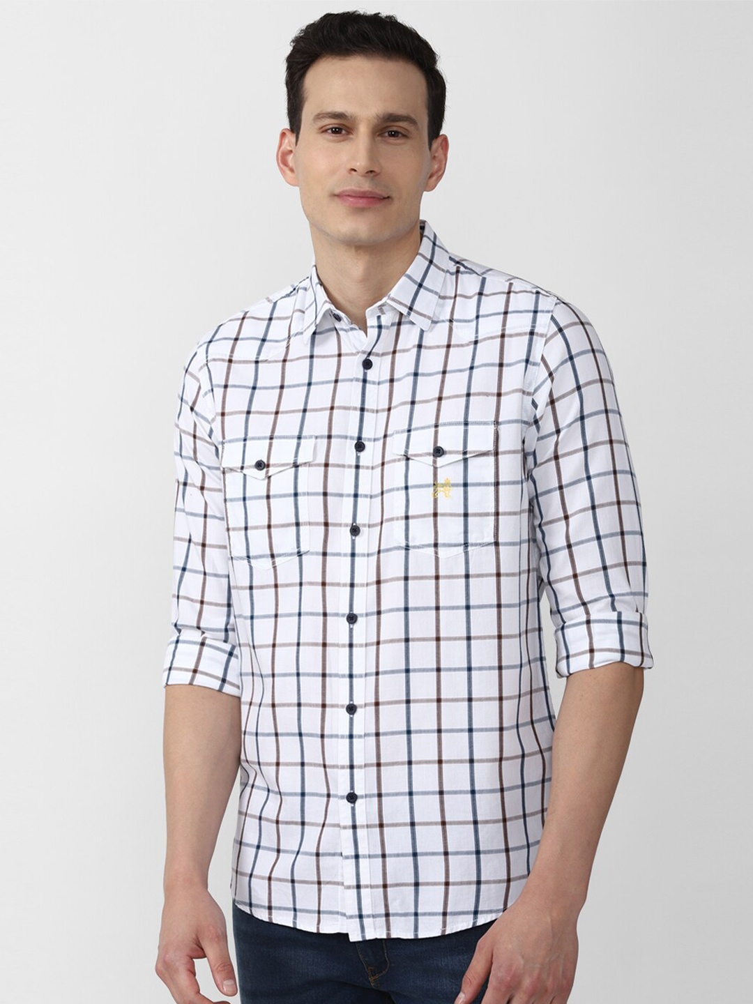 

Van Heusen ACADEMY Men White Slim Fit Windowpane Checked Casual Cotton Shirt