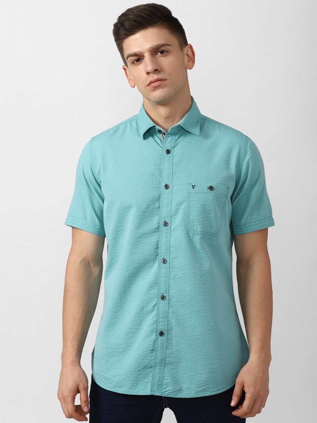 

Van Heusen Sport Men Blue Self Design Slim Fit Cotton Casual Shirt