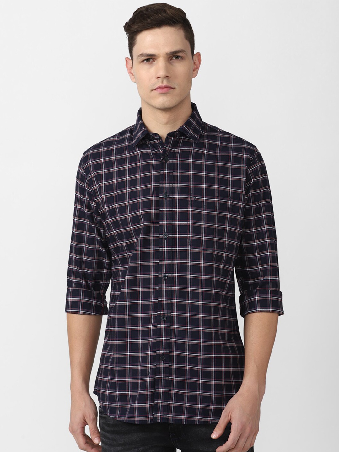 

Van Heusen Sport Men Navy Blue Slim Fit Grid Tattersall Checks Checked Casual Shirt
