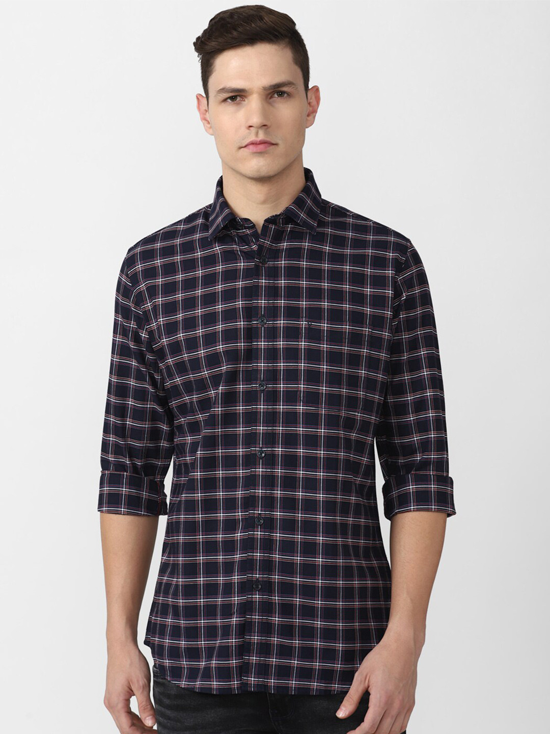 

Van Heusen Sport Men Navy Blue Slim Fit Grid Tattersall Checks Checked Casual Shirt