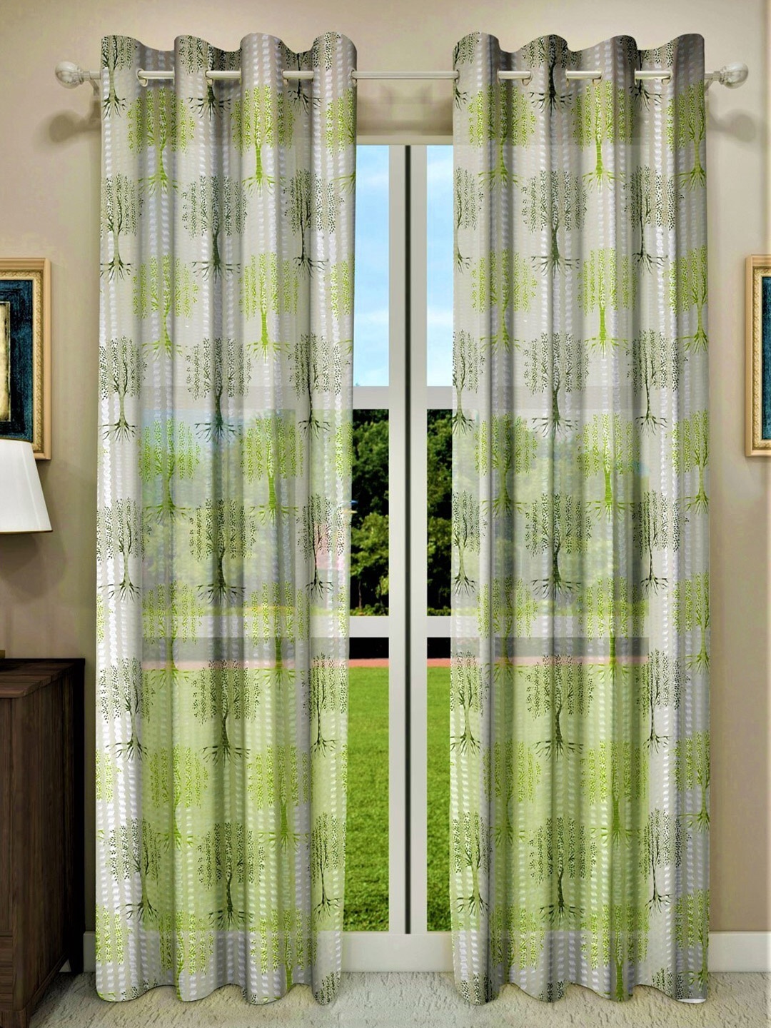 

Home Sizzler Pack of 2 Green & Off White Floral Sheer Window Curtains