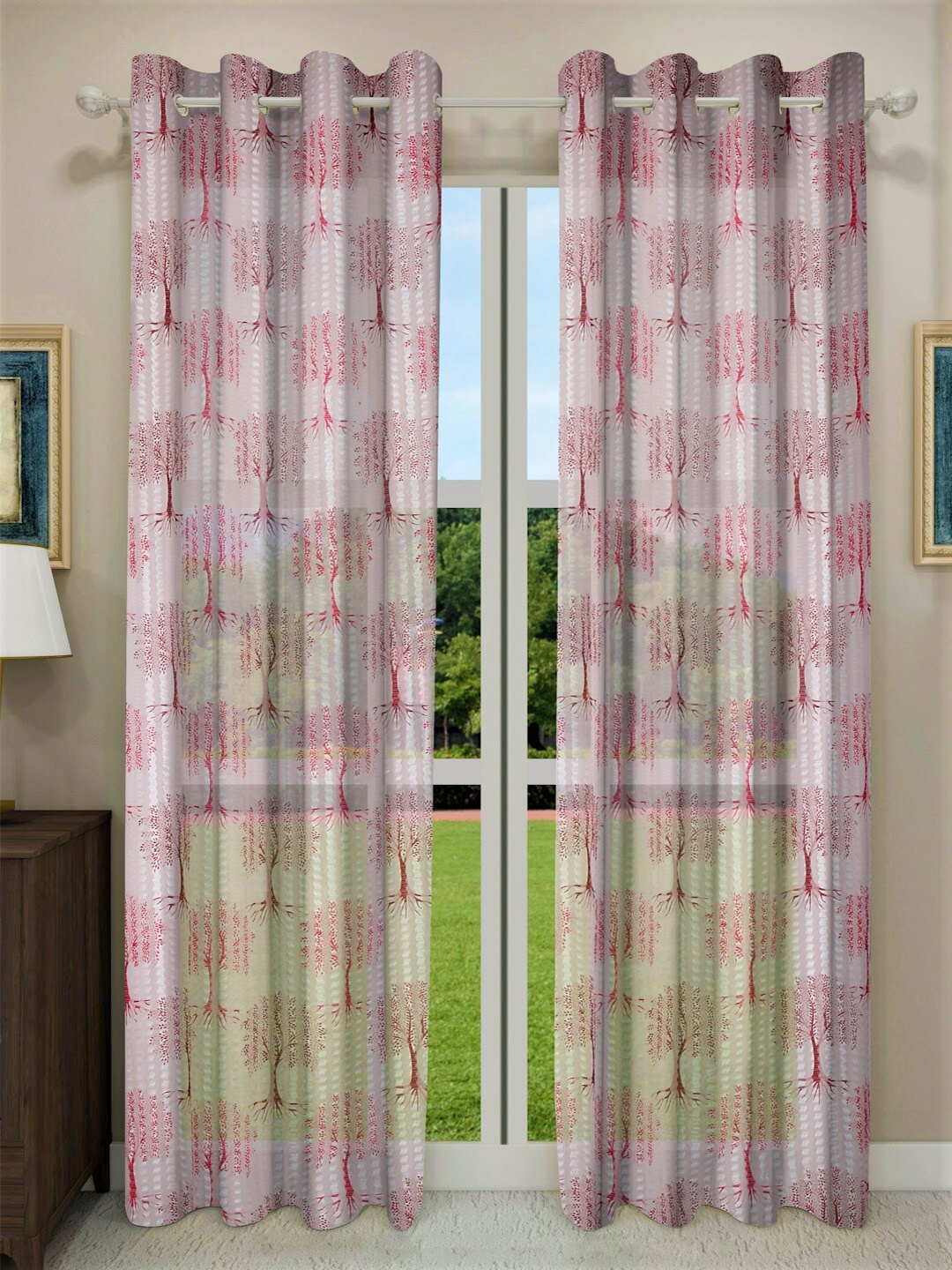 

Home Sizzler Pack of 2 Red & Off White Floral Sheer Door Curtains