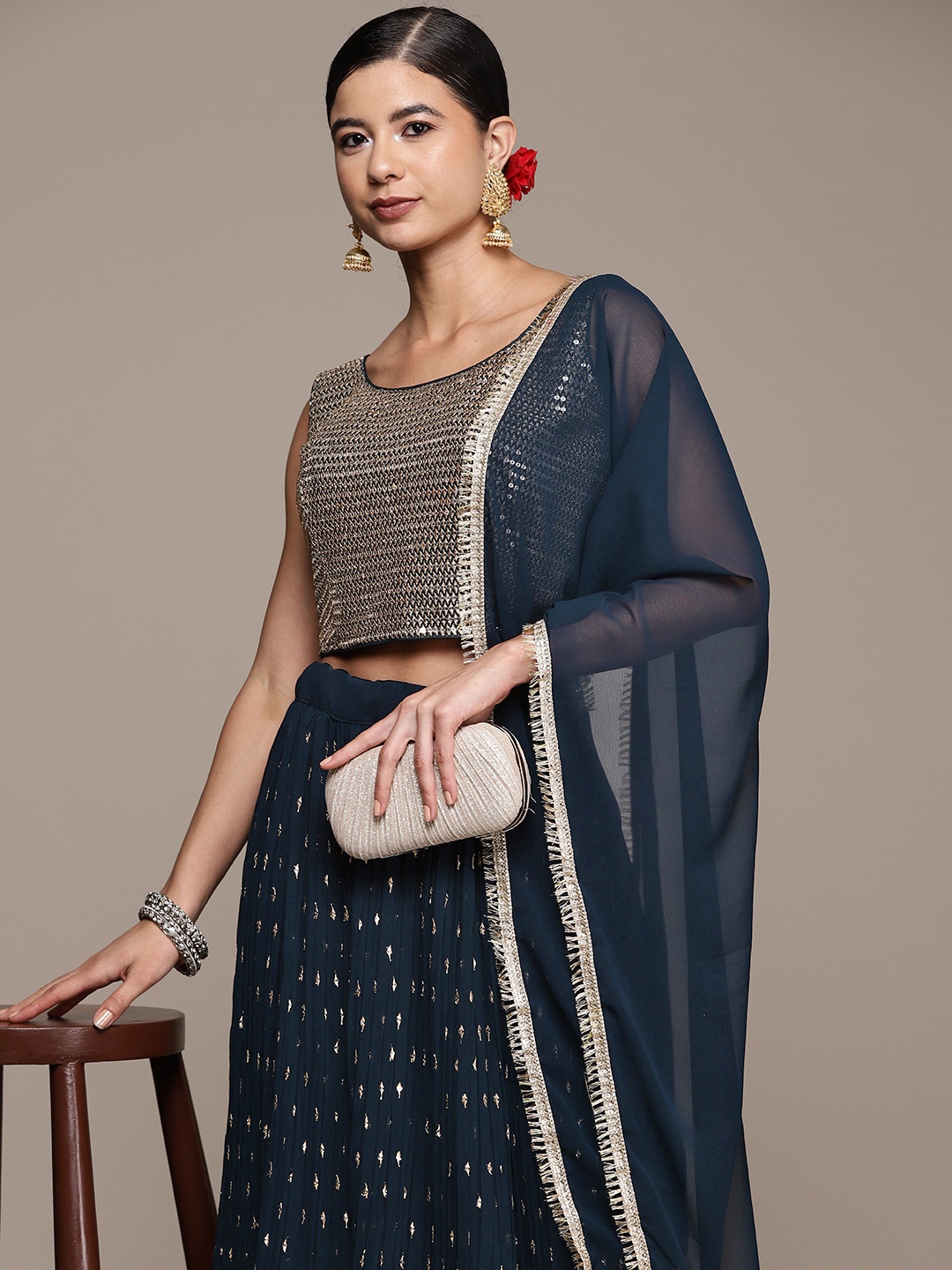 

SAARYA Teal Blue Embellished Sequinned Ready to Wear Lehenga & Blouse With Dupatta