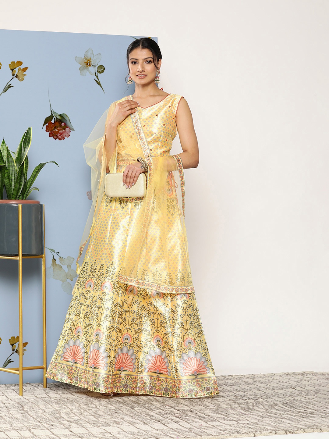 

SAARYA Woman Printed Mirror Work Ready to Wear Lehenga & Blouse With Dupatta, Yellow