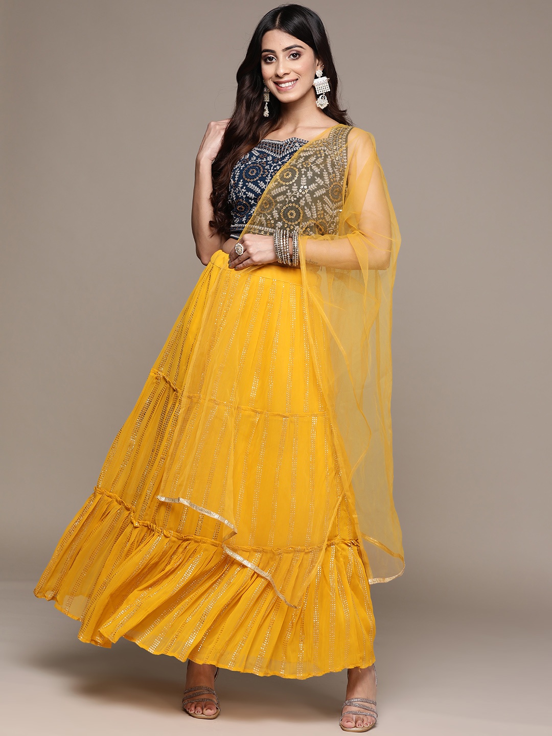 

SAARYA Yellow & Black Embroidered Ready to Wear Lehenga & Blouse With Dupatta