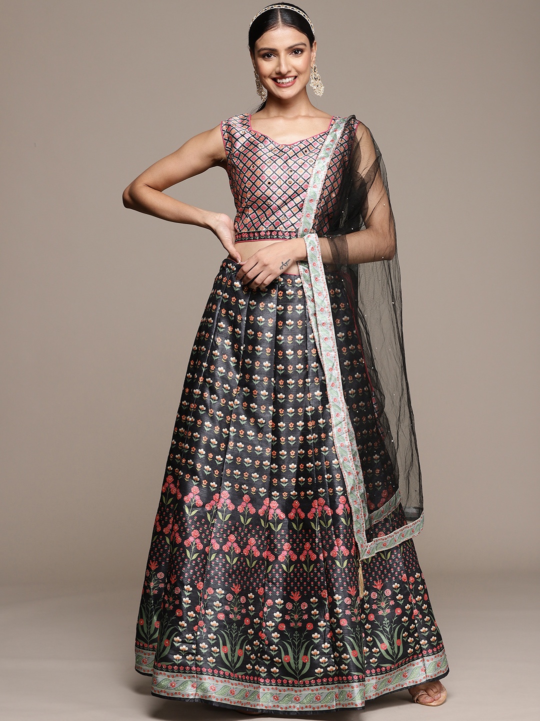 

SAARYA Woman Printed Mirror Work Ready to Wear Lehenga & Blouse With Dupatta, Black