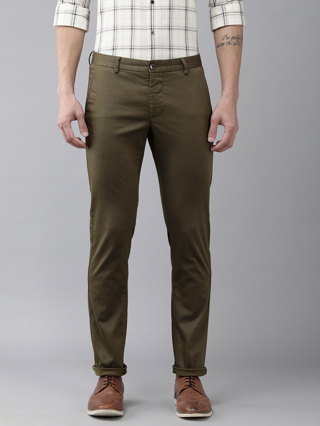 

Arrow Sport Men Olive Green Textured Slim Fit Trousers