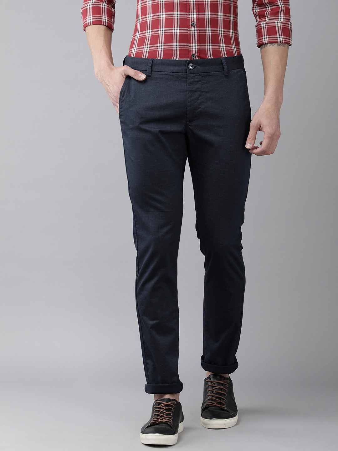 

Arrow Sport Men Navy Blue Textured Slim Fit Trousers