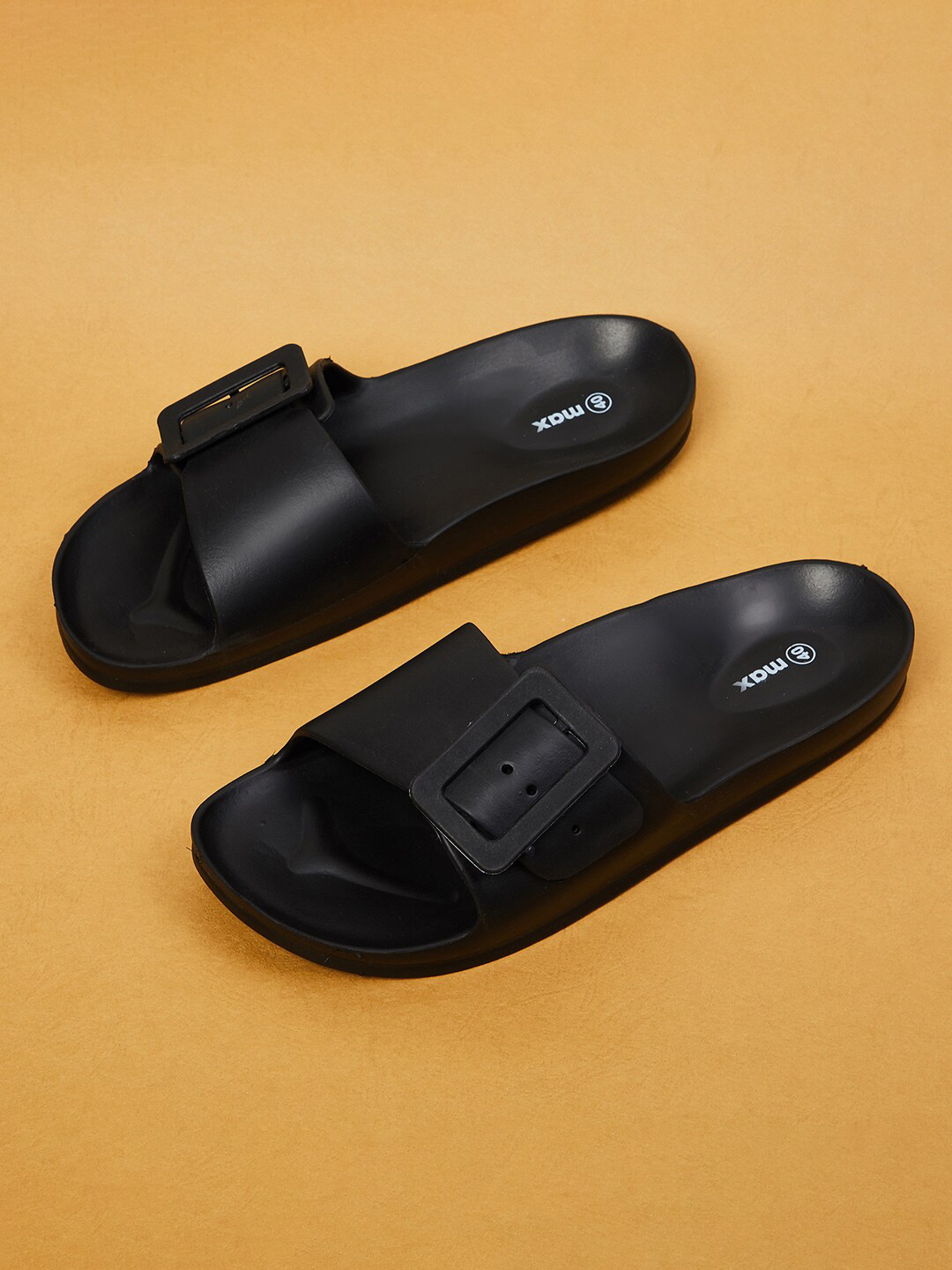 

max Women Black Buckle Slip On Sliders