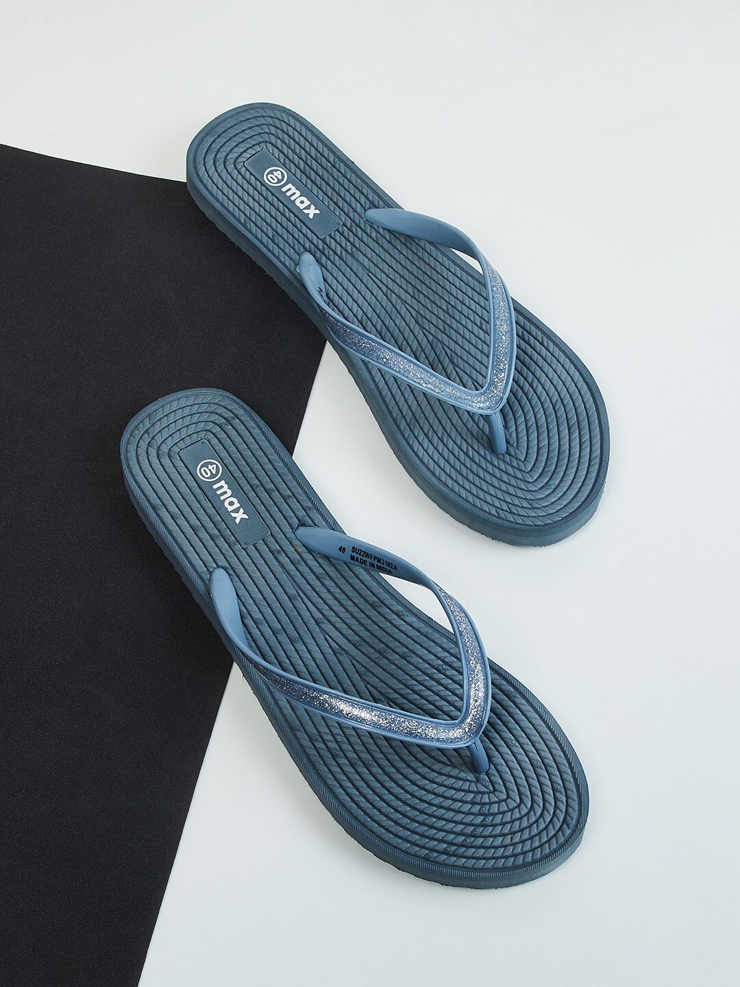 

max Women Blue & White Slip-On Self Design Flip Flops