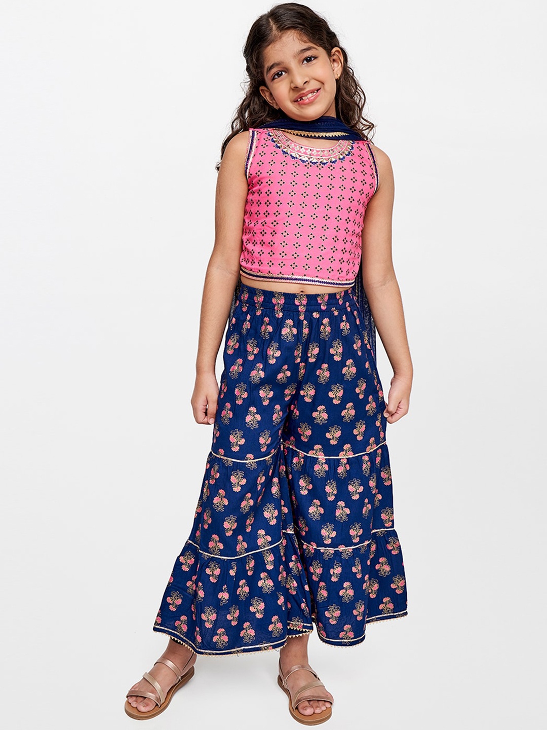

Global Desi Girls Blue & Pink Printed Top with Palazzos & Dupatta