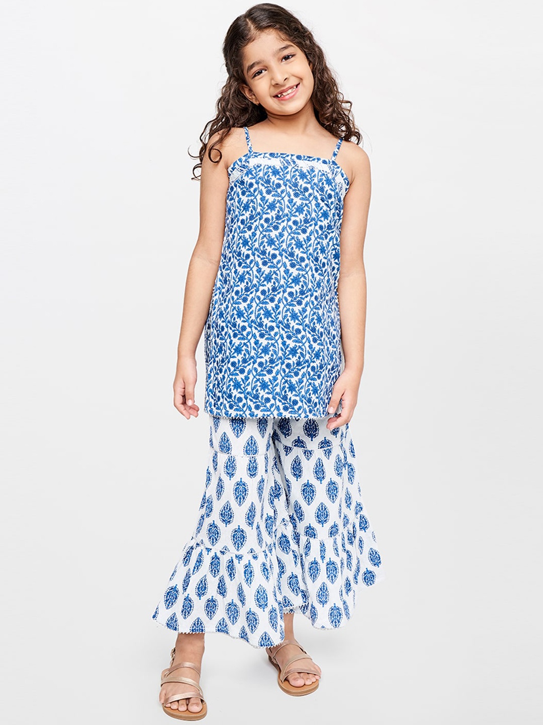 

Global Desi Girls Blue And Off White Ethnic Motifs Printed Pure Cotton Kurta And Palazzo