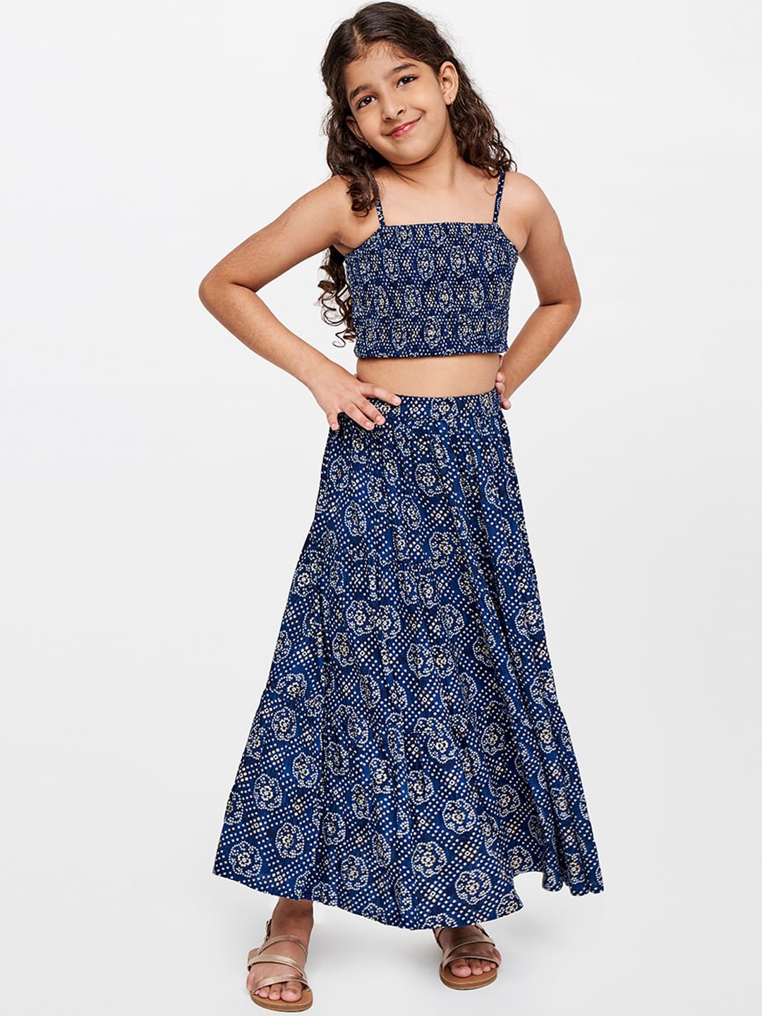 

Global Desi Girls Blue & White Printed Top with Skirt