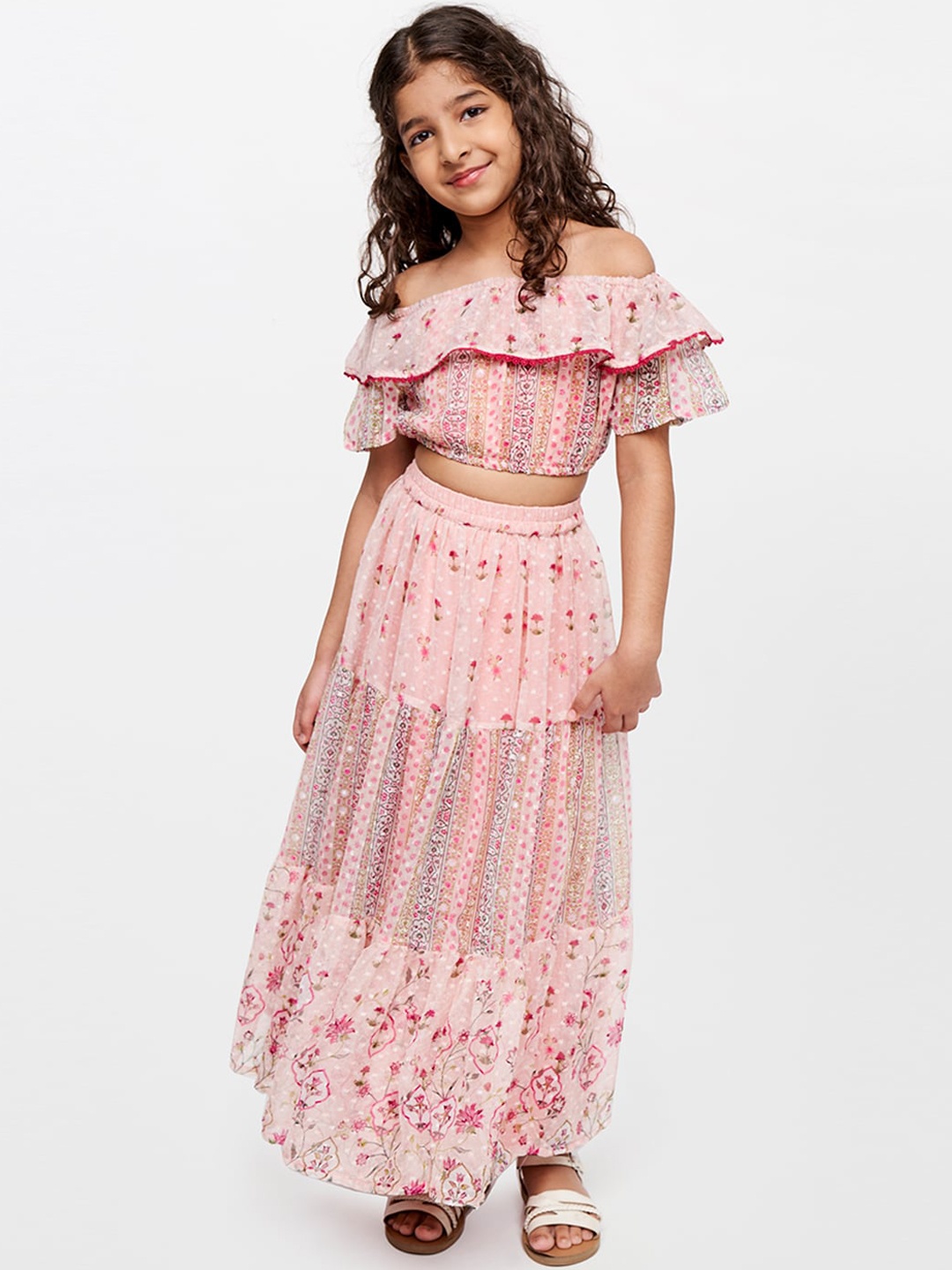 

Global Desi Girls Pink & Off White Printed Top with Skirt