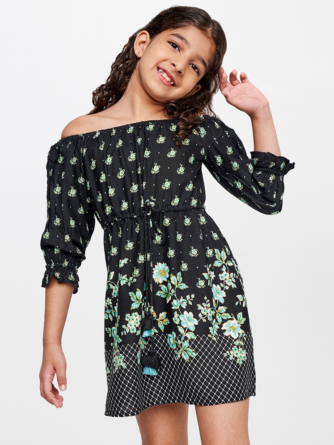 

Global Desi Girls Black & Blue Floral Off-Shoulder Dress