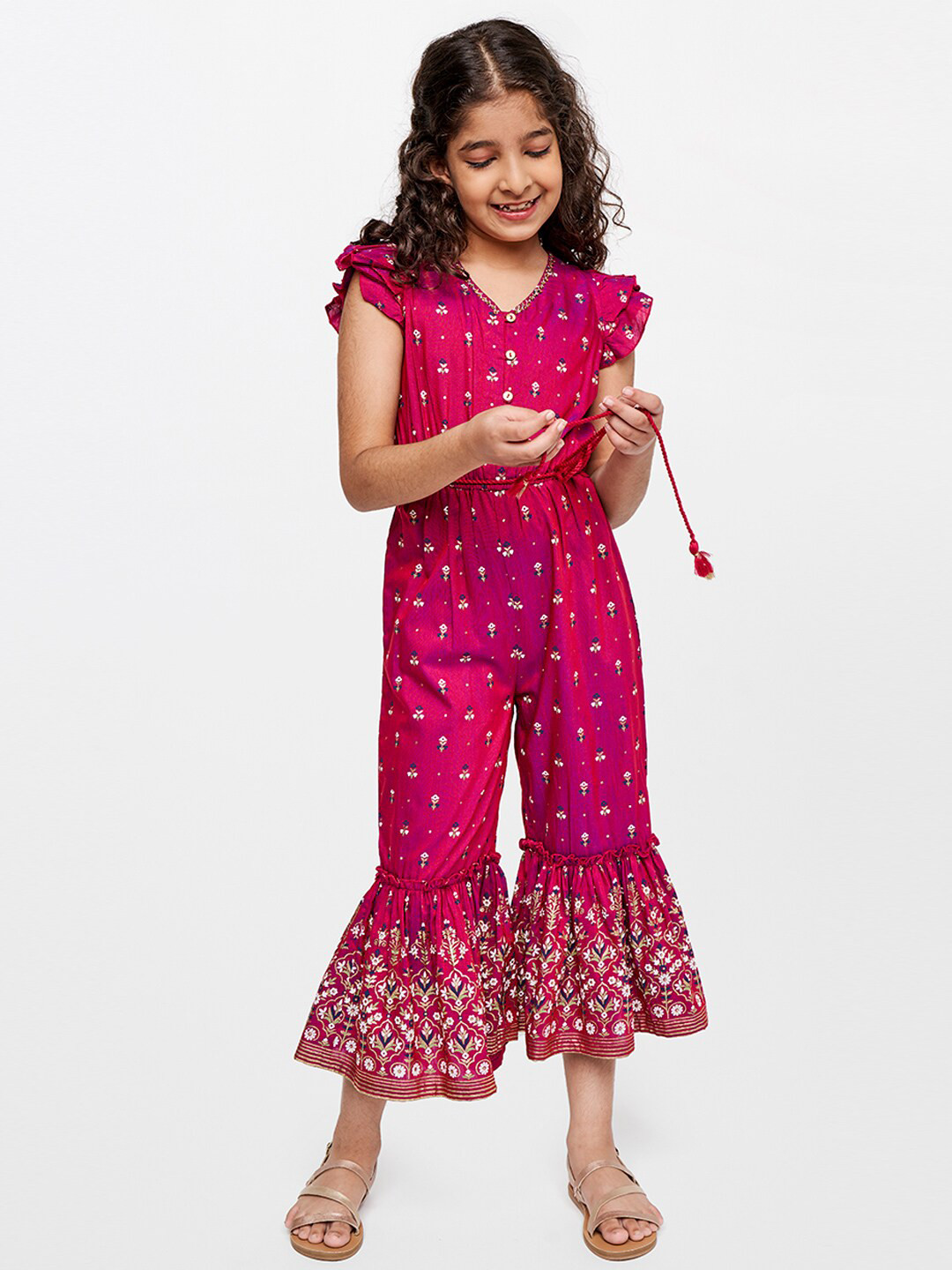 

Global Desi Girls Ethnic Motifs Printed Flutter Sleeves Basic Jumpsuit, Red
