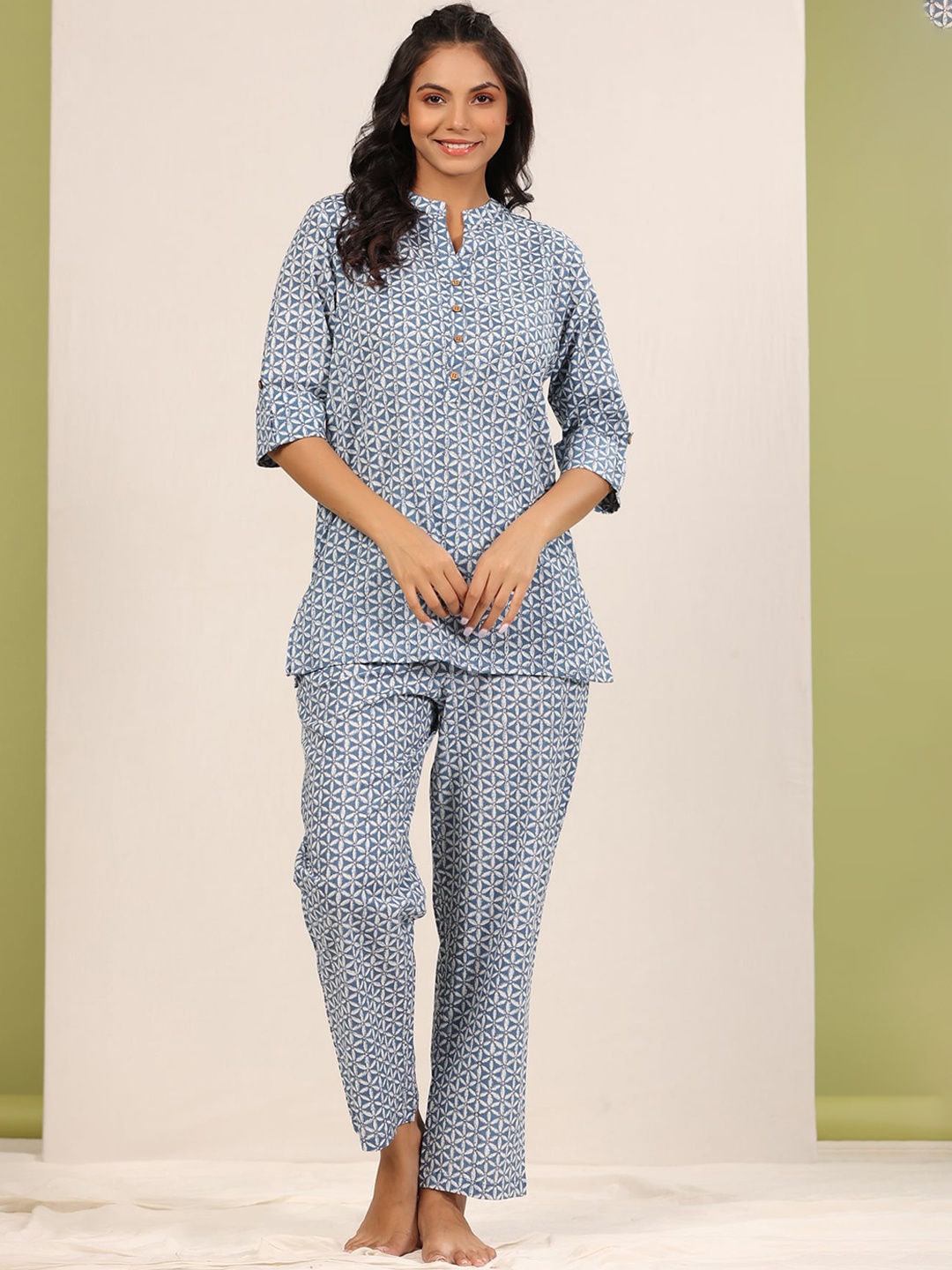 

JISORA Women Blue & Off White Floral Printed Night suit