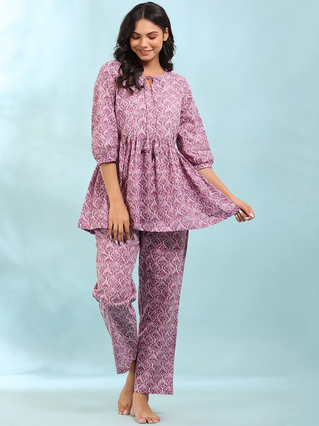 

JISORA Women Purple & Off White Pure Cotton Ethnic Motif Printed Night suit