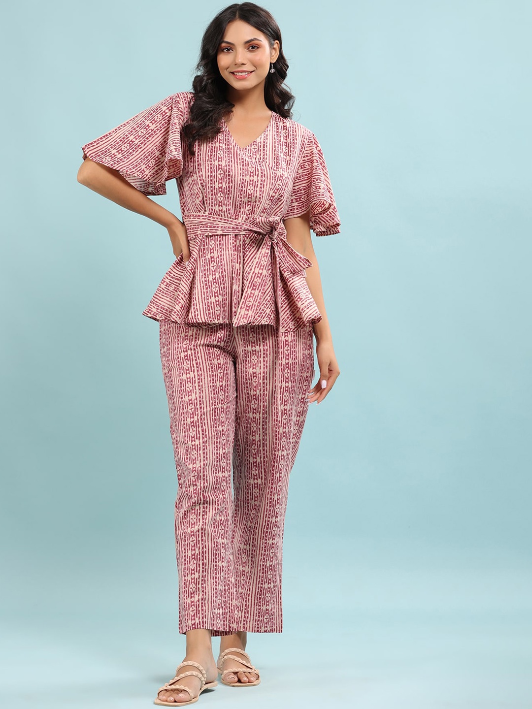 

JISORA Women Maroon & White Printed Cotton Night suit