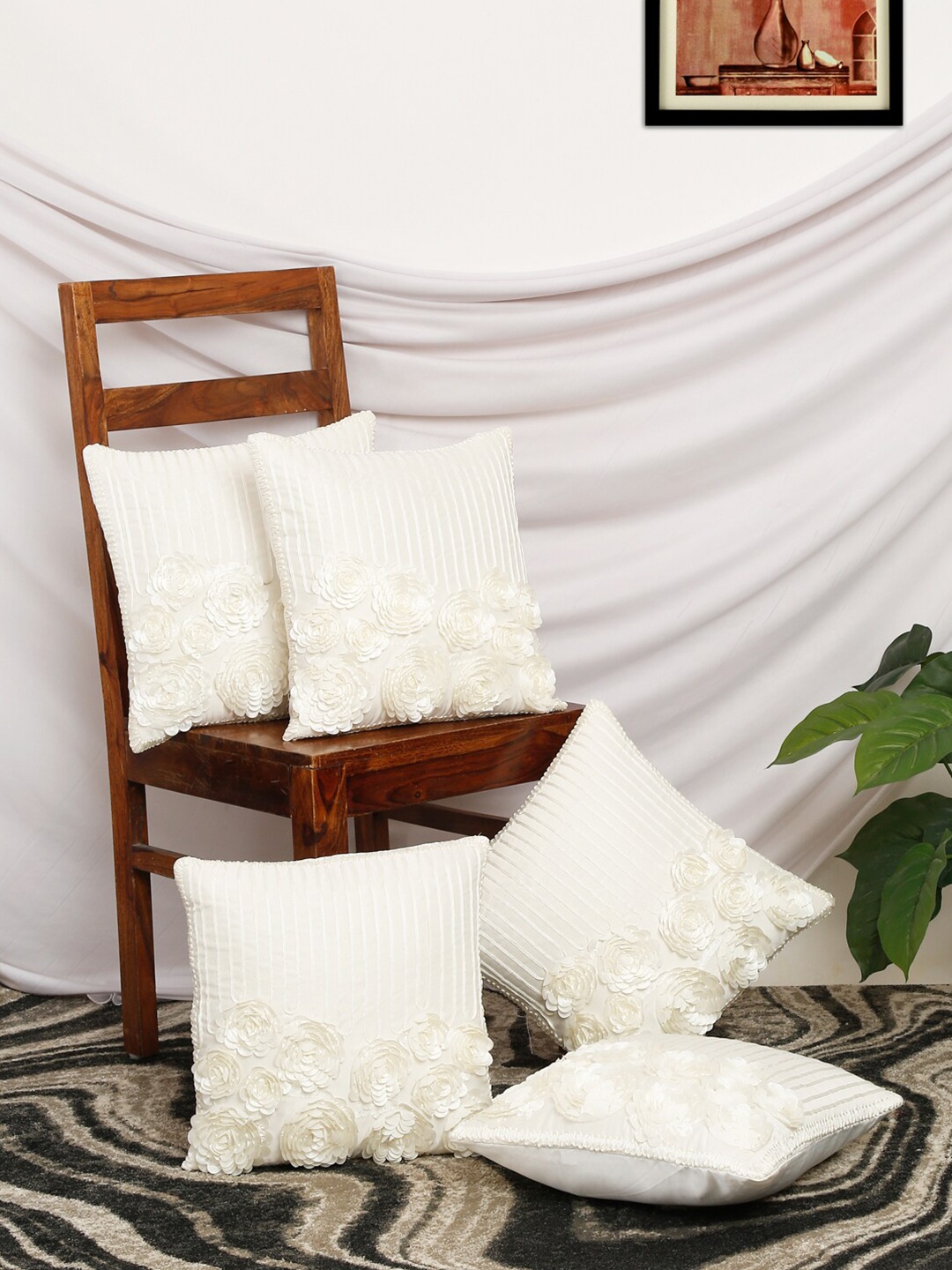 

MULTITEX Set of 5 Floral Applique Velvet Square Cushion Covers, White