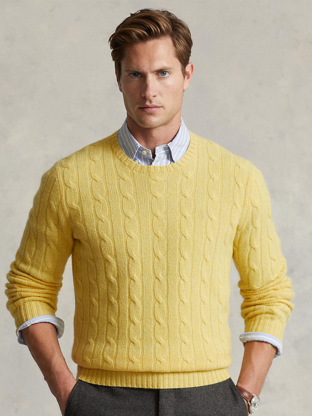 

Polo Ralph Lauren Men Yellow Cable Knit Cashmere Pullover