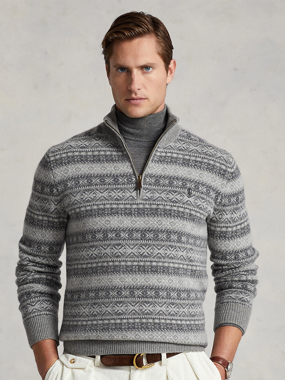 

Polo Ralph Lauren Men Grey Striped Pullover with Zip Detail