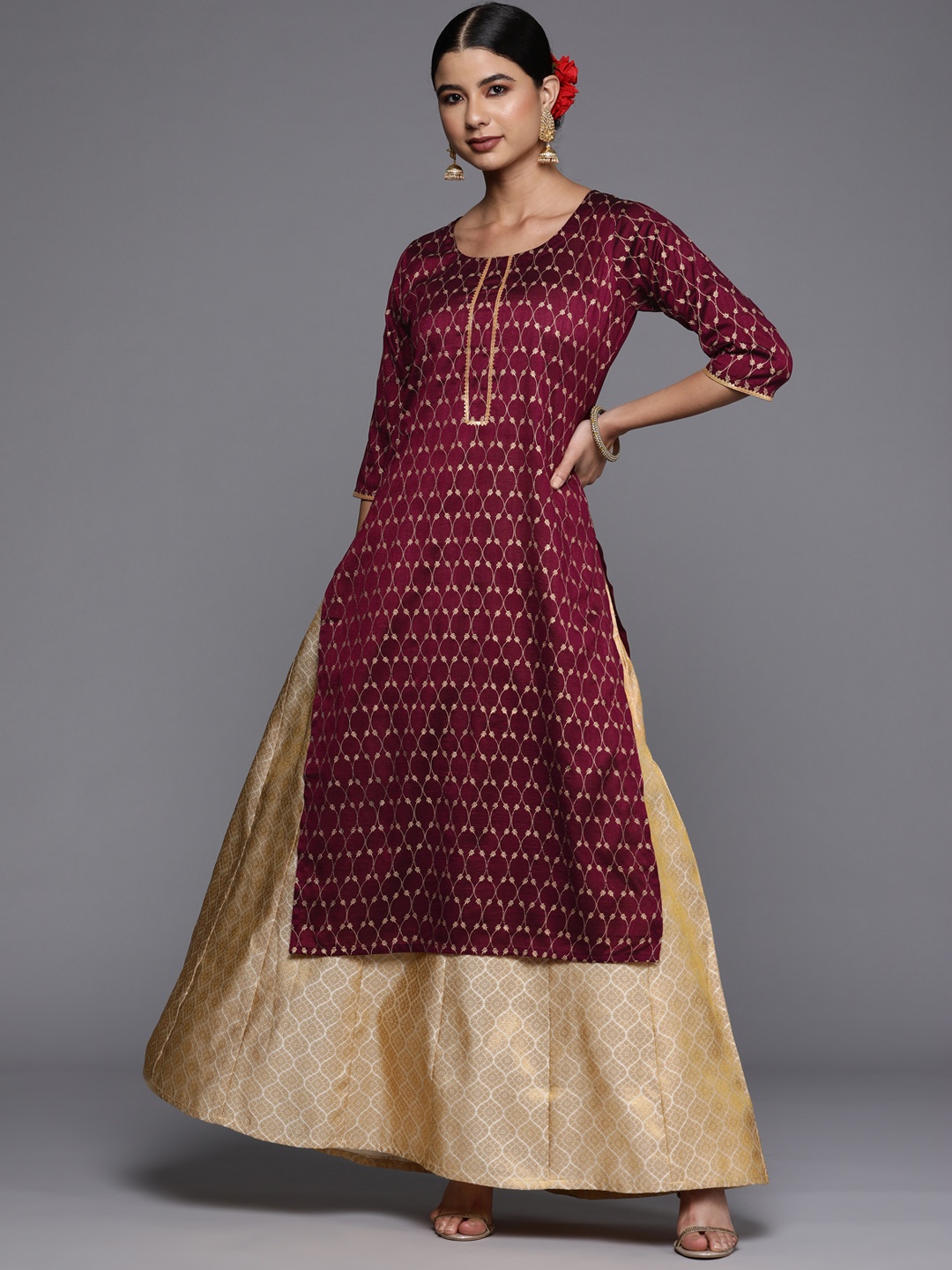 

Libas Women Burgundy & Golden Ethnic Motifs Printed Gotta Patti Kurta