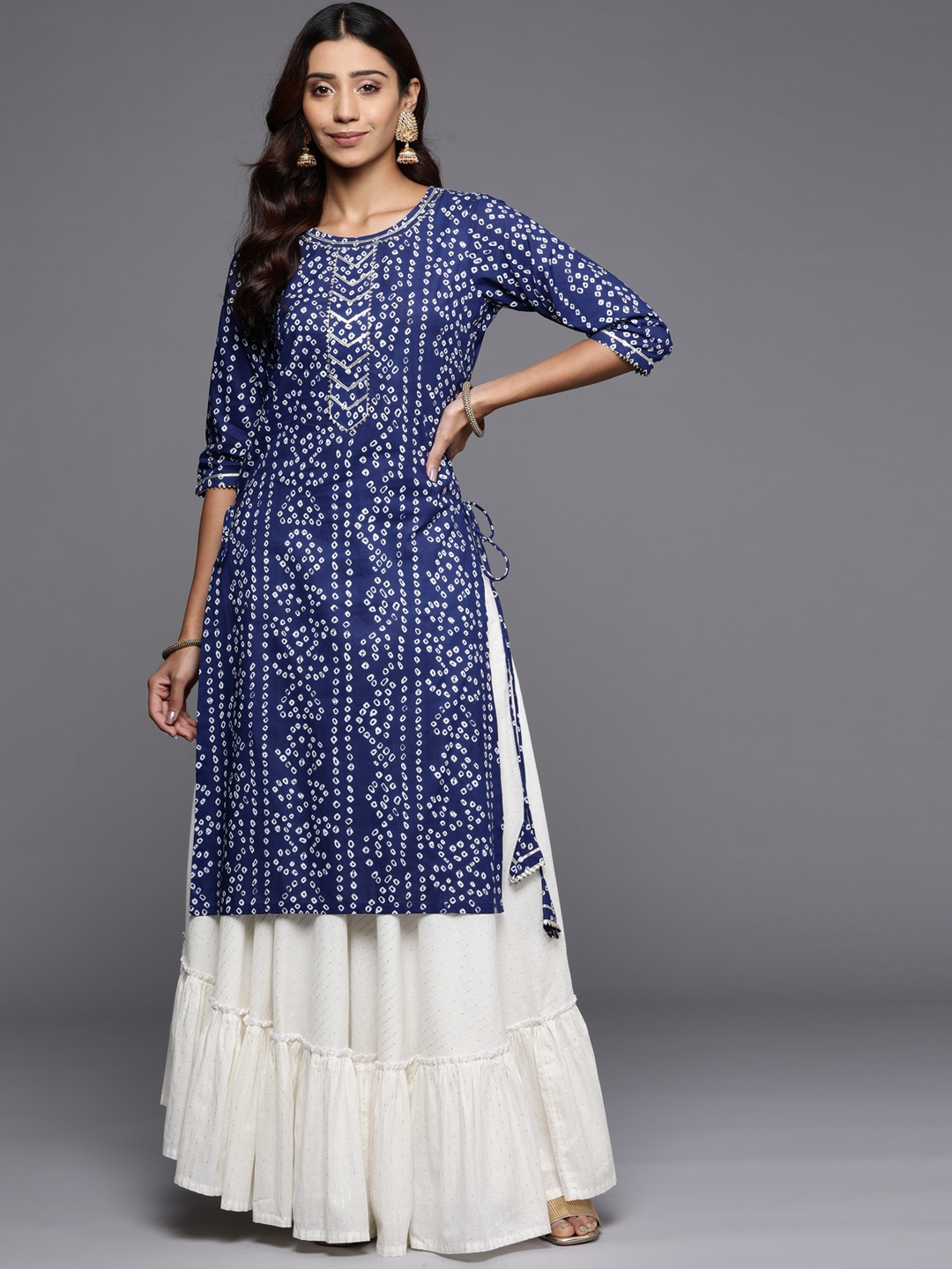 

Libas Women Blue & White Bandhani Printed Gotta Patti Cotton Kurta
