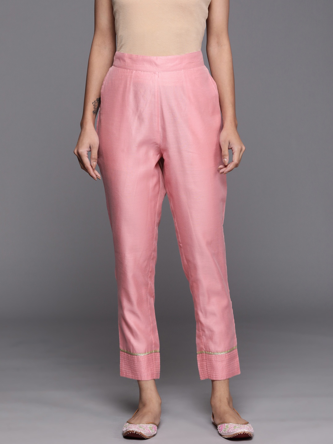 

Libas Women Pink Relaxed Straight Leg Chanderi Silk Trousers