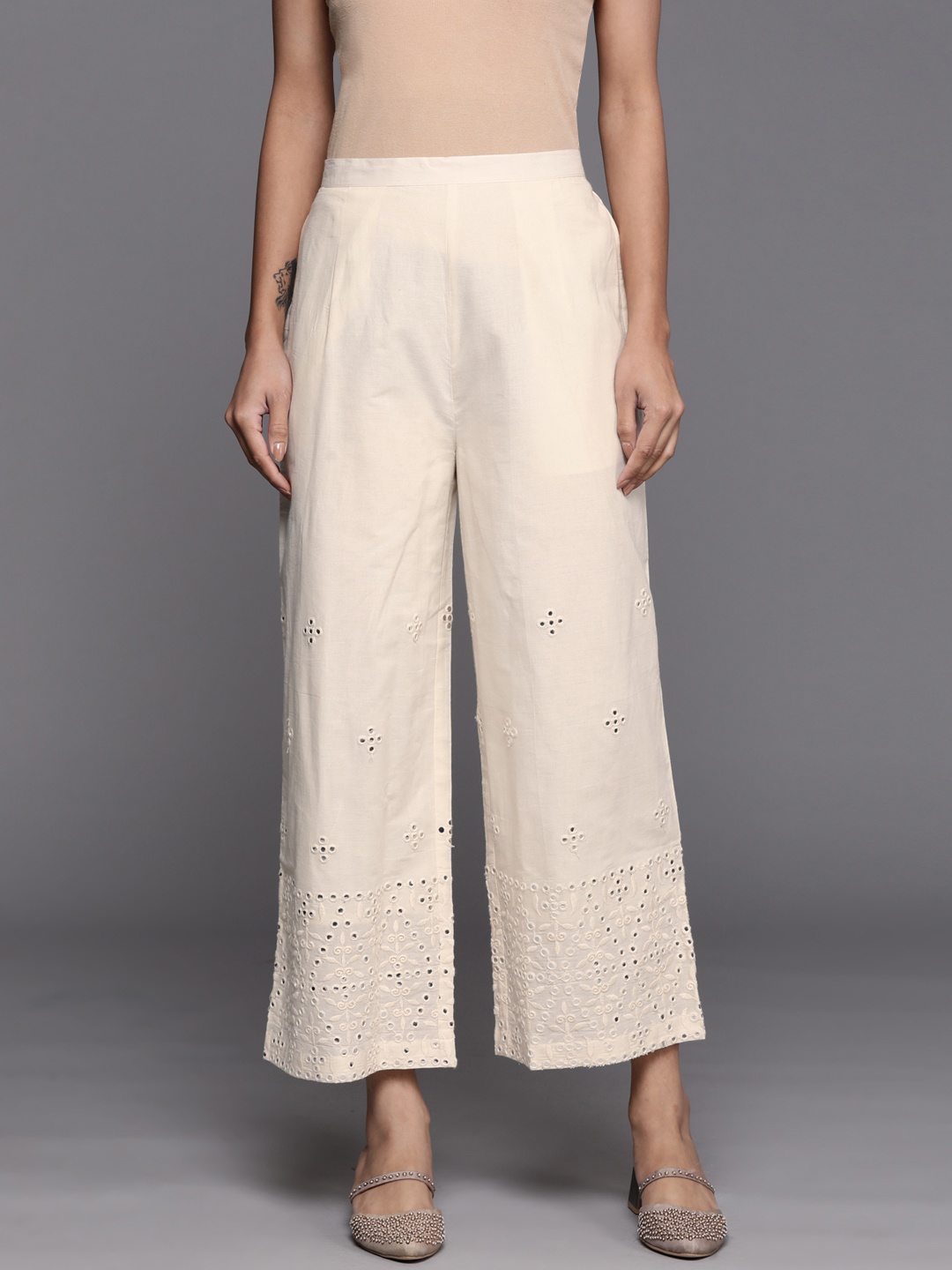 

Libas Women Cream-Coloured Floral Embroidered Ethnic Palazzos