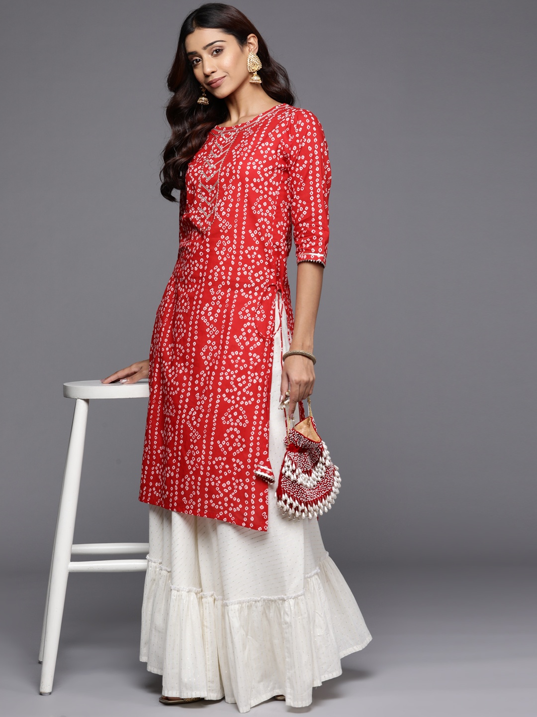 

Libas Women Red & White Bandhani Printed Gotta Patti Kurta