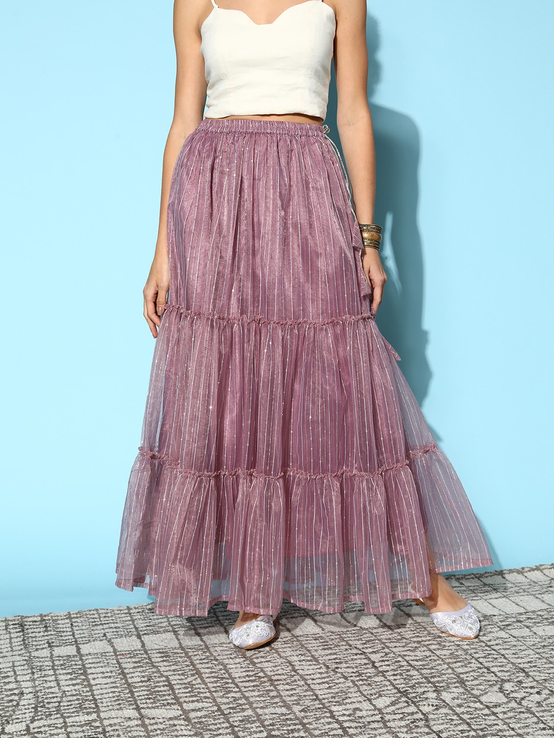

Libas Elegant Mauve Striped Fluid Tie-Up Skirt