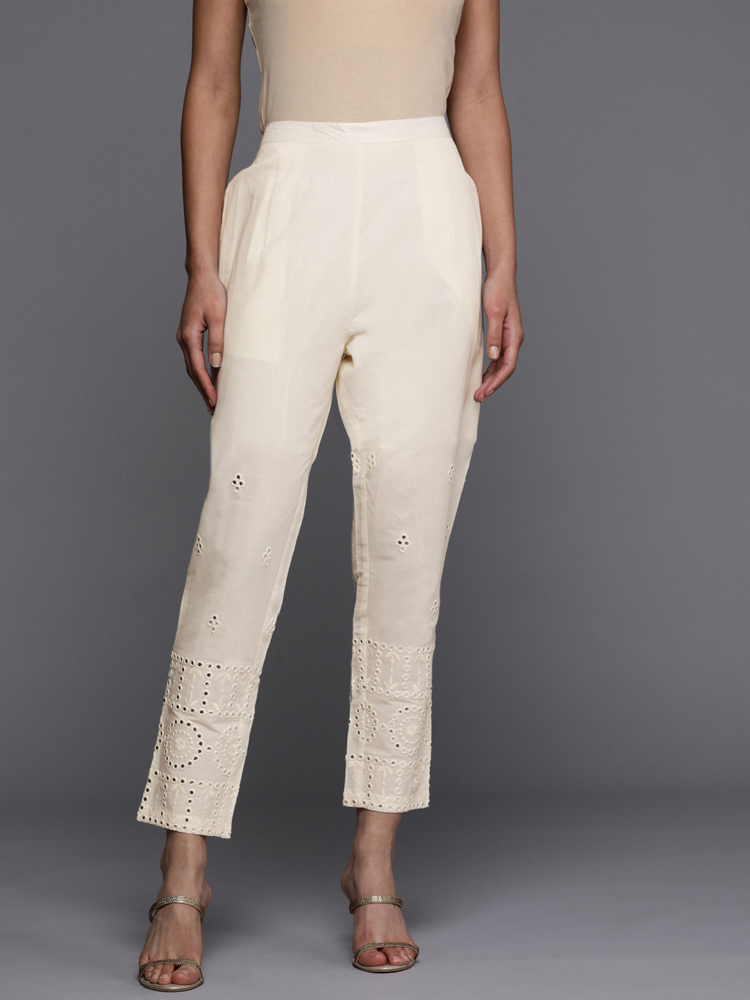 

Libas Women Cream-Coloured Embroidered Mirror Relaxed Straight Leg Cotton Trousers