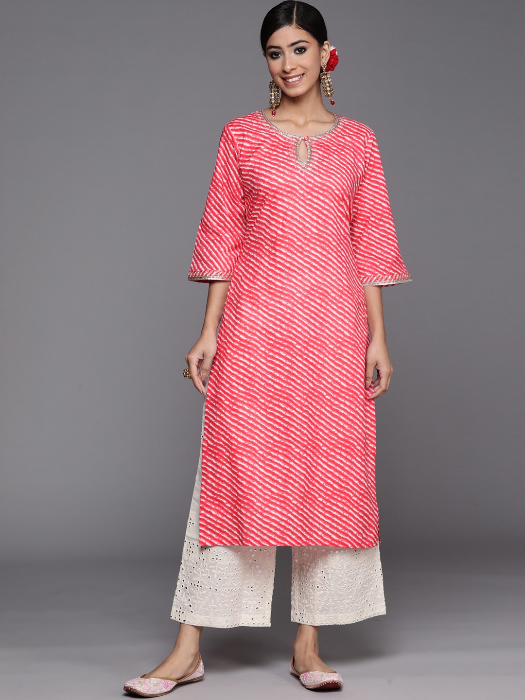 

Libas Women Pink Striped Keyhole Neck Flared Sleeves Gotta Patti Kurta