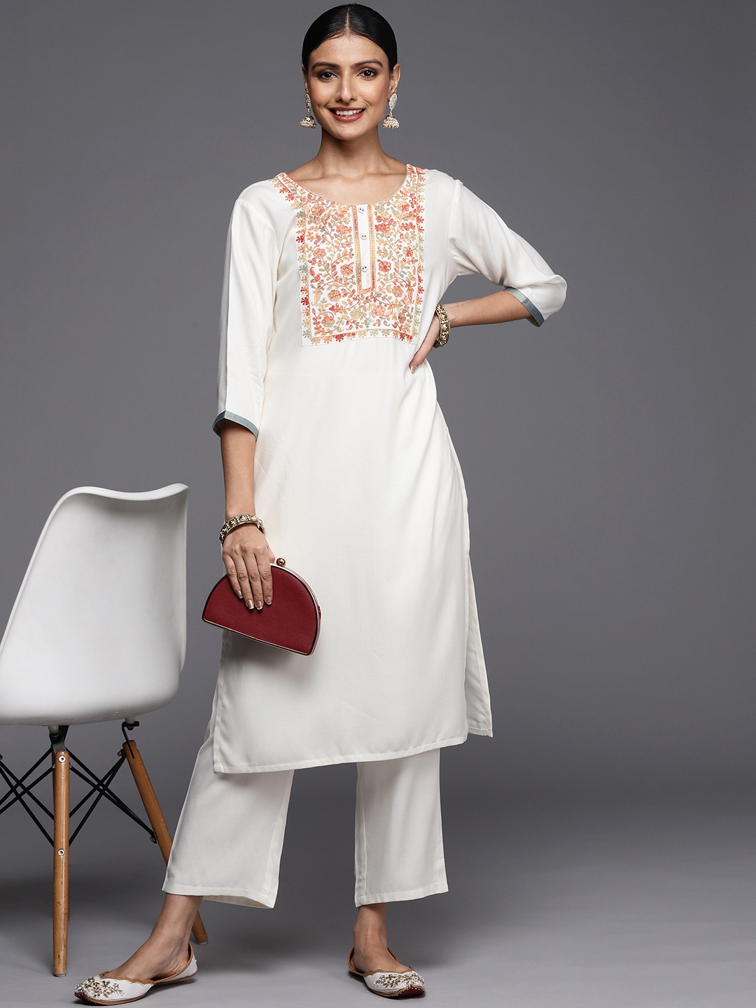 

Libas Women Cream-Coloured Floral Yoke Design Pashmina Kurta