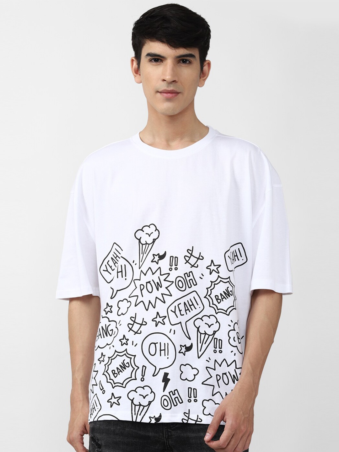 

FOREVER 21 Men White & Black Printed Drop-Shoulder Sleeves Cotton T-shirt