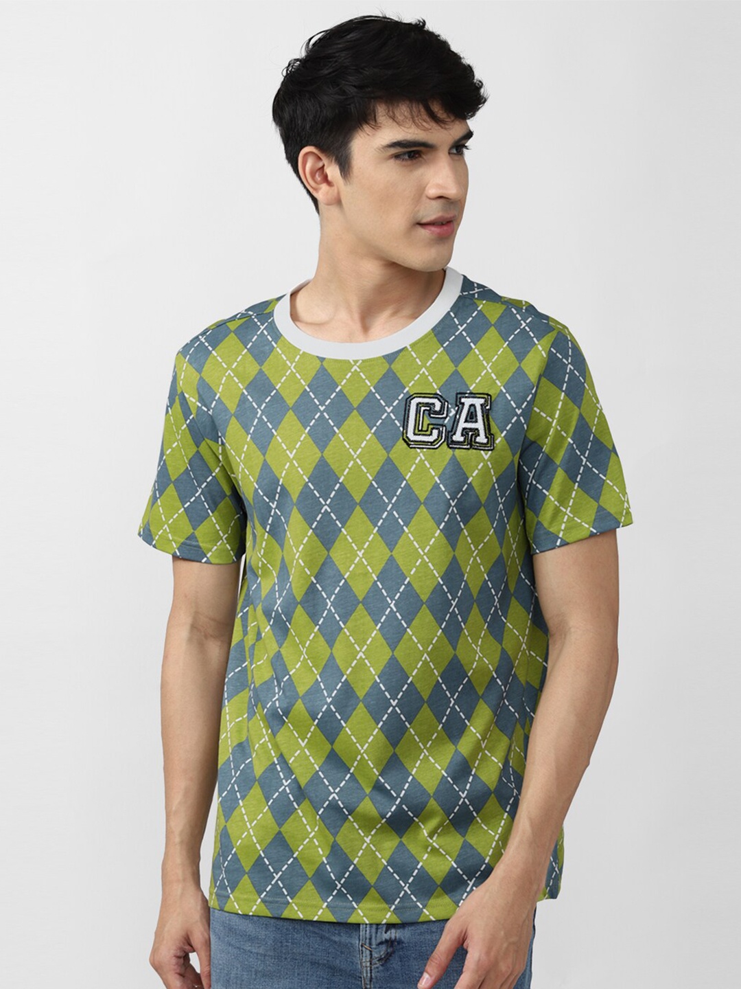 

FOREVER 21 Men Green & Grey Printed Applique Cotton T-shirt