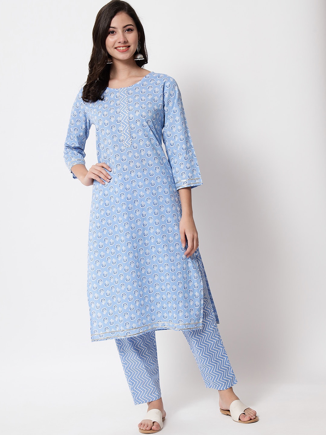 

IkDaiya Women Printed Pure Cotton Kurti with Trousers, Blue