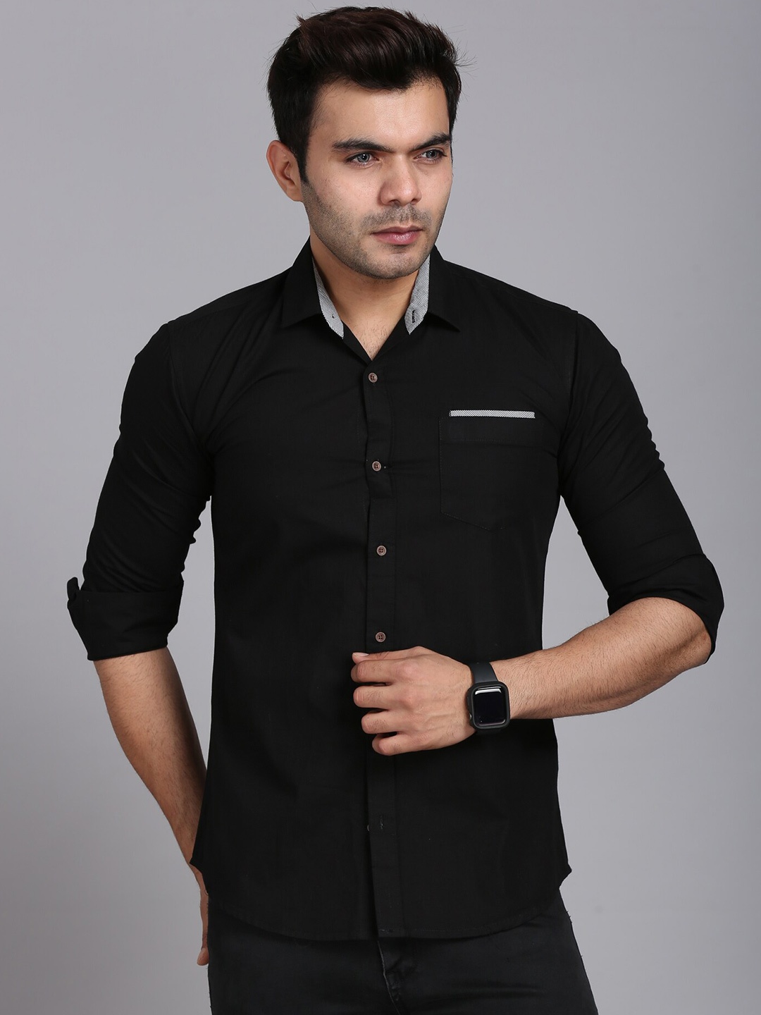 

FINIVO FASHION Men Black Standard Casual Polycotton Shirt