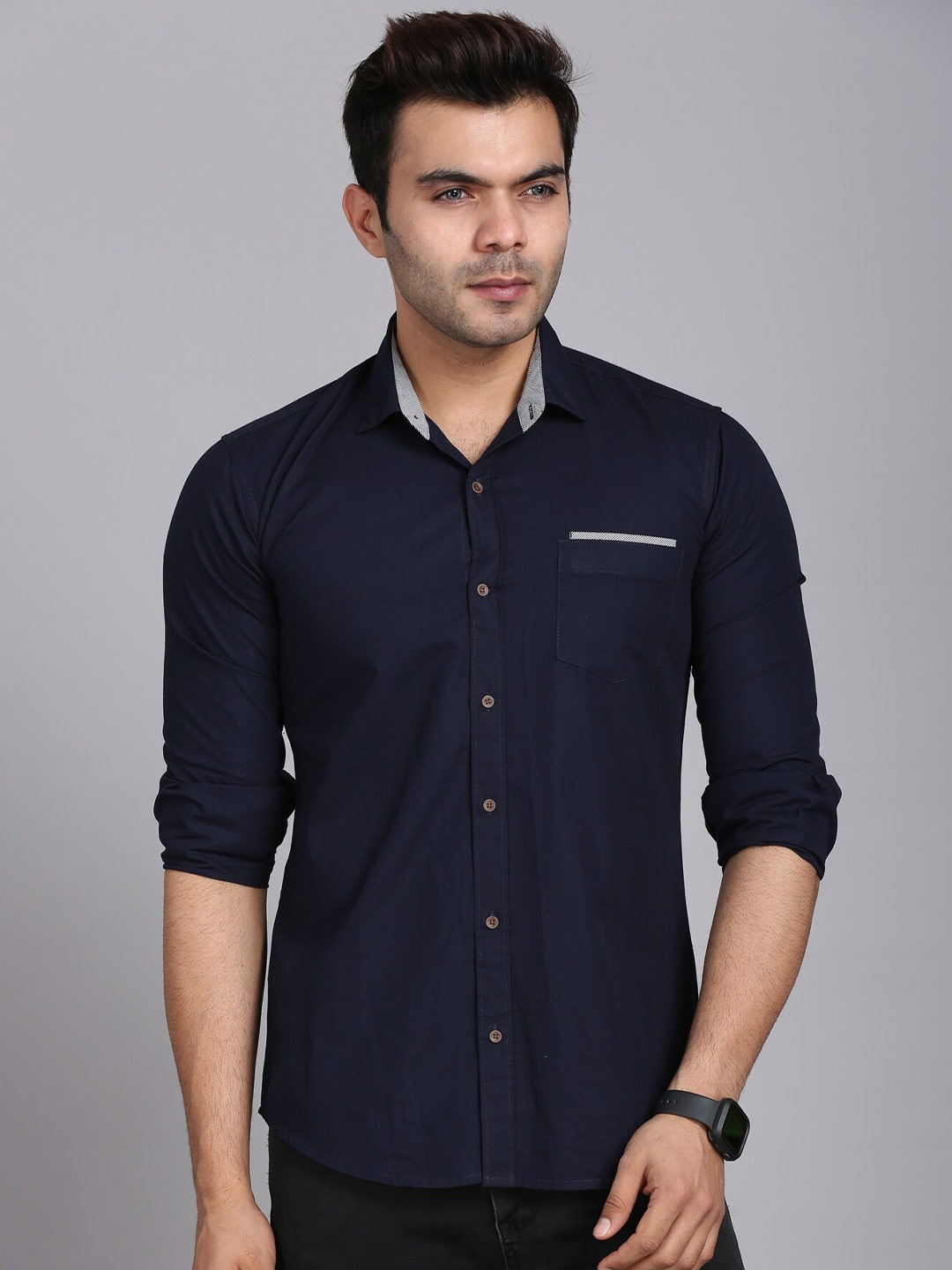 

FINIVO FASHION Men Navy Blue Standard Casual Polycotton Shirt