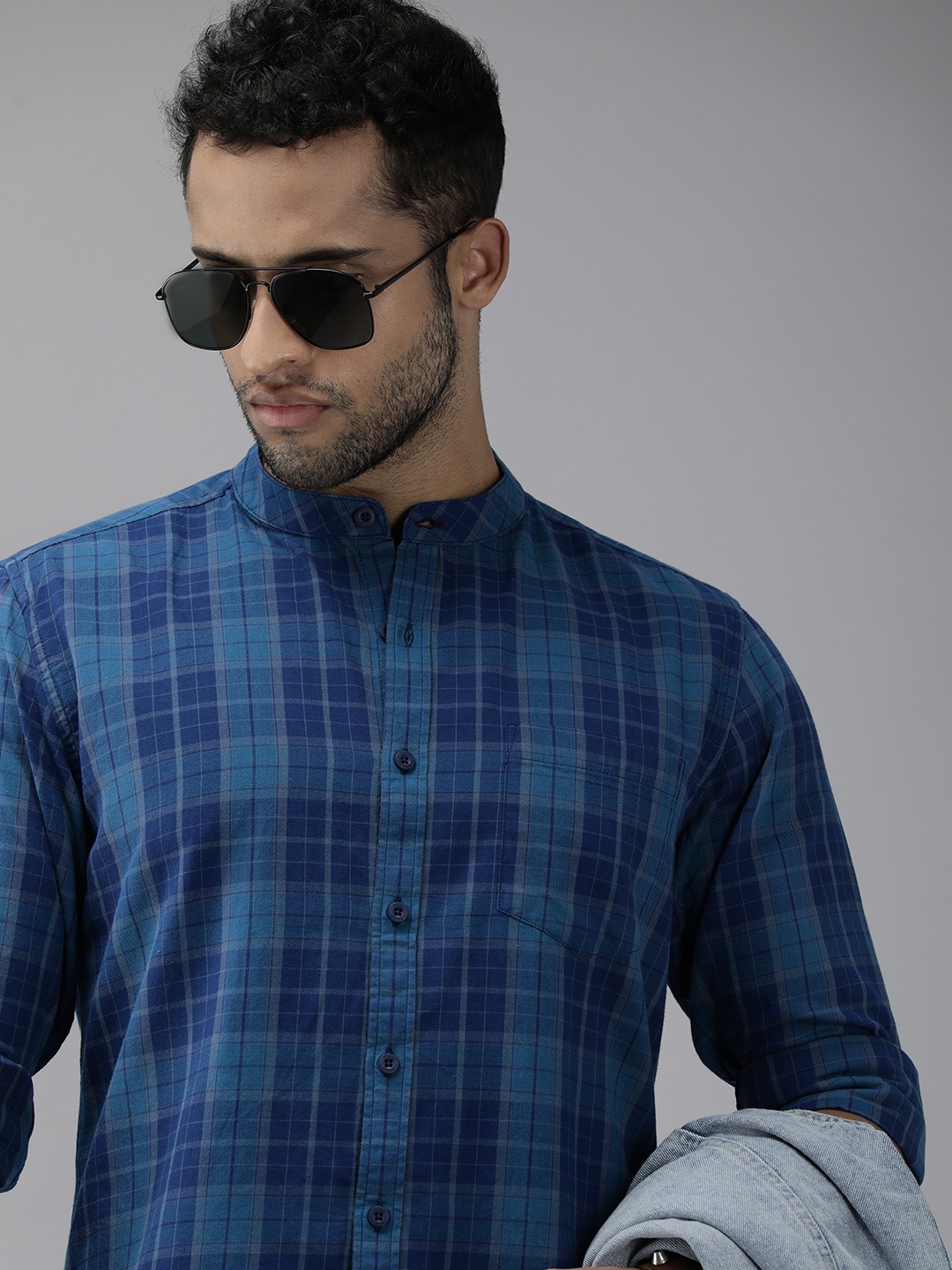 

Roadster Men Blue Comfort Tartan Checks Band Collar Pure Cotton Casual Shirt