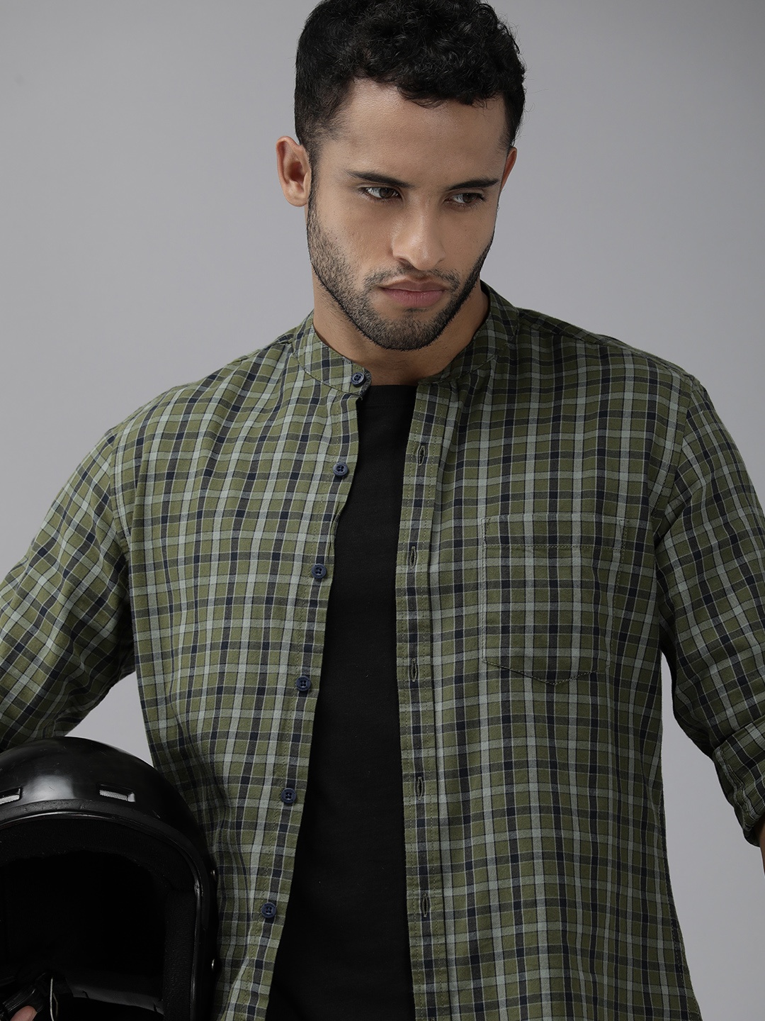 

Roadster Men Olive Green Comfort Tartan Checks Band Collar Pure Cotton Casual Shirt