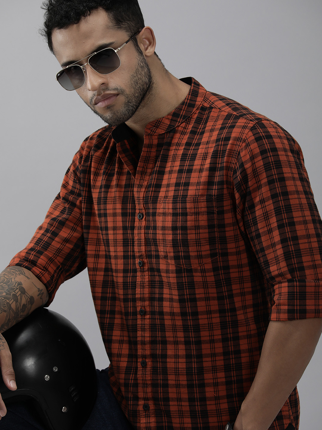 

Roadster Men Orange Comfort Tartan Checks Band Collar Pure Cotton Casual Shirt