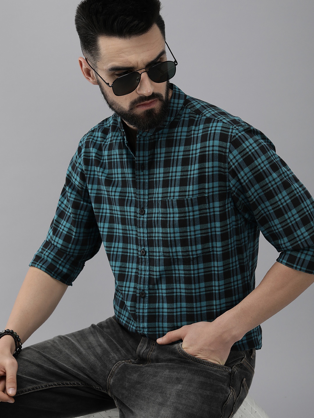 

Roadster Men Blue Comfort Tartan Checks Band Collar Pure Cotton Casual Shirt