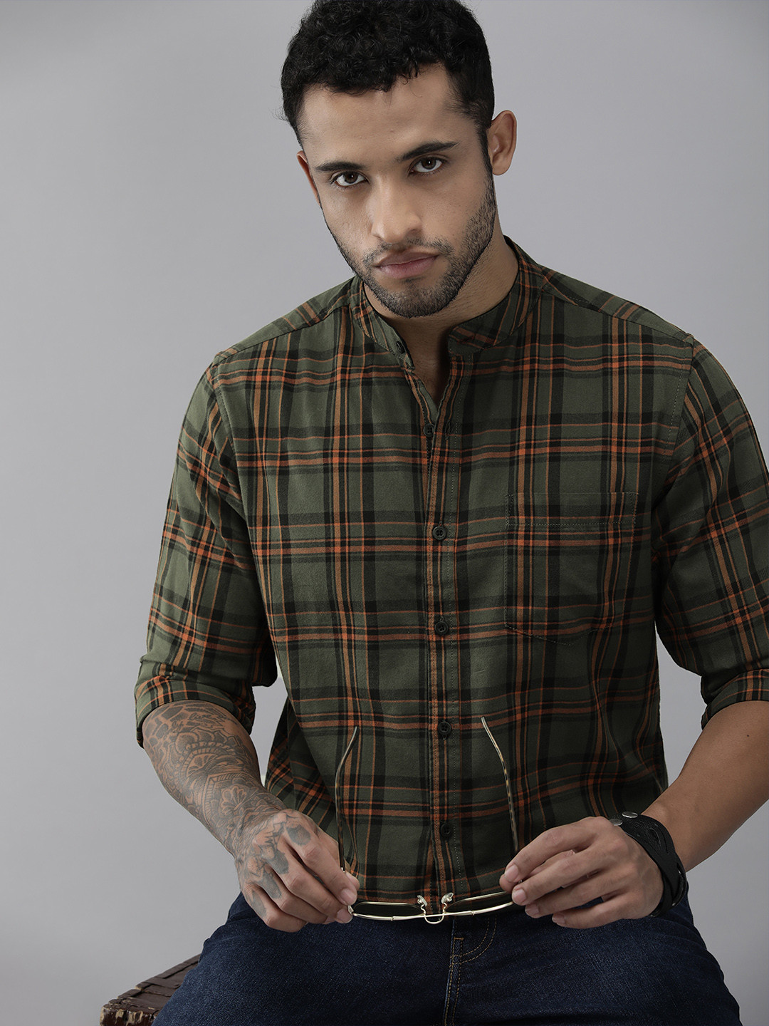 

Roadster Men Olive Green Comfort Tartan Checks Band Collar Pure Cotton Casual Shirt
